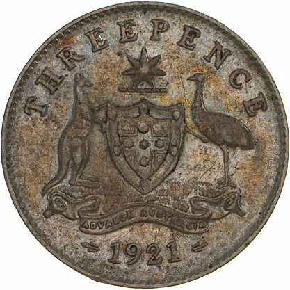 Reverse of 1921 Melbourne no mintmark threepence